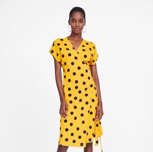 Zara polka dot yellow wrap midi dress